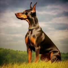 Doberman Pinscher sitting on the green meadow in summer. Doberman Pinscher dog sitting on the grass with a summer landscape in the background. AI generated illustration.