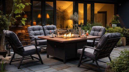 Fototapeta na wymiar outdoor living space, fireplace in the terrace, ai generative