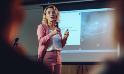Woman in suit giving a talk in an industry seminar conference, leading expert in field. confident successful woman public speaking, generative AI - 619803533