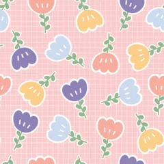 Fototapeten Vibrant Nature Illustration: Cute Cartoon Flowers in Flat Style on Seamless Gingham Pattern, Perfect for Fresh and Artistic Design Concepts © TEe Du