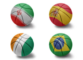basketball balls with the national flags of cote divoire iran spain brazil on the white background. Group g