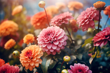 Colorful chrysanthemum autumn flowers background. Pink and golden daisy floral fall backdrop