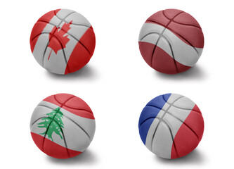 basketball balls with the national flags of france canada lebanon latvia on the white background. Group h - obrazy, fototapety, plakaty