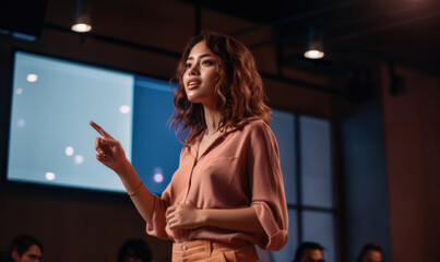 Portrait of a mixed race woman speaking up during a seminar conference, confident young woman leading an industry event generative AI