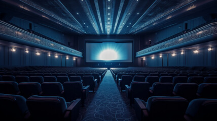 Empty hall of modern cinema in blue colors
