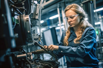 Obraz na płótnie Canvas Confident female worker skillfully operating high-tech machinery in a modern automotive manufacturing setting