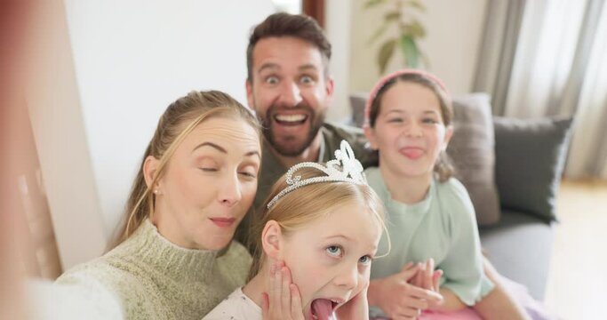 Funny, face and selfie of parents, kids and home for video call, profile picture or social media. Silly family, emoji or portrait of mom, dad and children in photograph, crazy memory or joke together