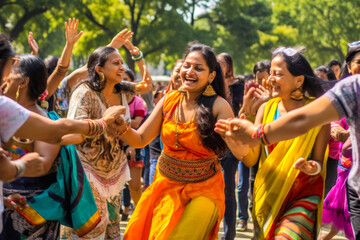 Fototapeta premium Diverse group of people unite in joy and unity as they participate in a lively dance during a vibrant cultural festival