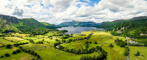 Derwentwater Lake from a drone, Portinscale, Keswick, Lake District, Cumbria, England - 619805714