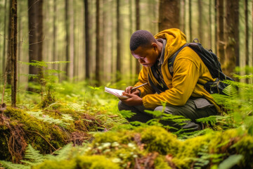 Environmental conservation surveyor in the forest, recording data as part of field research, showcasing commitment to preserving nature and sustainability