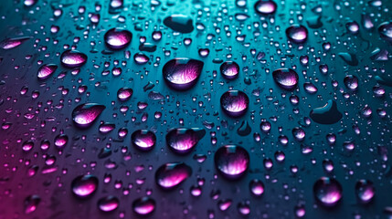 Water drops on a purple surface, generative AI.