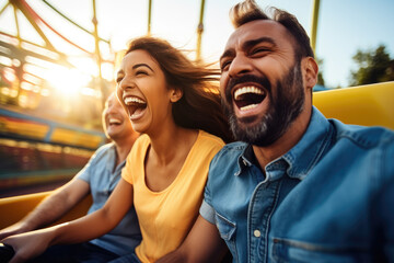 Obraz premium Excited couple enjoying a thrilling, high-speed ride at an amusement park, their laughter symbolizing the fun of a summer vacation