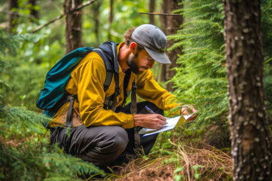 Environmental conservation surveyor in the forest, recording data as part of field research, showcasing commitment to preserving nature and sustainability