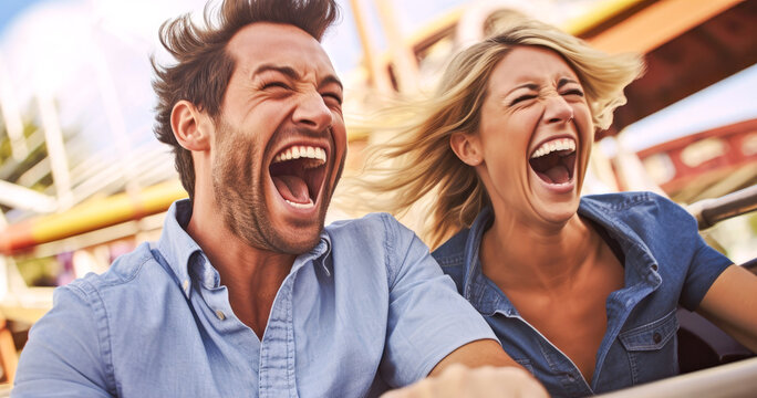 Excited couple enjoying a thrilling, high-speed ride at an amusement park, their laughter symbolizing the fun of a summer vacation