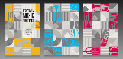 Abstract music cover set. Mosaic pattern design. Stripes and musical instrument silohuettes. Modern wall art, poster, brochure, flyer. Gray tone and yellow, cyan and magenta colors background.