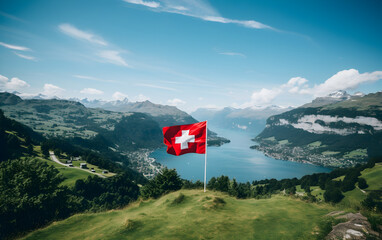 swiss flag on the swiss mountains