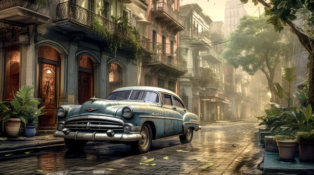 Old Cuba Classic American Cars on the Street of Havanna Abstract Illustration Wallpaper Background Generative AI  KI Digital Art