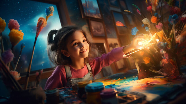 Child Artist (Girl) Fully Engaged in the Artistic Process, Enveloped by Her Own Creations, Paints, and Easel - Empowering and Honoring the Beauty of Free Expression and Originality. Generative AI.