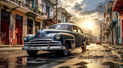 Old Cuba Classic American Cars on the Street of Havanna Abstract Illustration Wallpaper Background Generative AI  KI Digital Art - obrazy, fototapety, plakaty