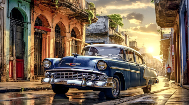 Fototapeta Old Cuba Classic American Cars on the Street of Havanna Abstract Illustration Wallpaper Background Generative AI  KI Digital Art