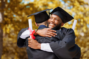 Graduation, happy black man and hug of friends to celebrate education achievement, success and...