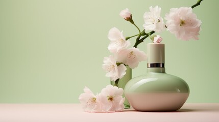Fototapeta na wymiar packaging perfume and cream with flower and rocks