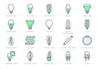 Light bulb line icons. Vector illustration include icon - led, diode, reflector, spiral, halogen, compact fluorescent, incandescent outline pictogram for lamp. Green Color, Editable Stroke