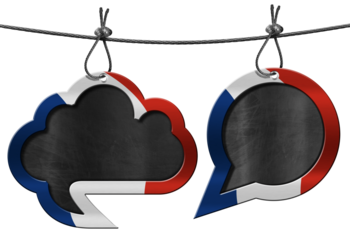 3D illustration of two empty speech bubbles with French flag and copy space. Hanging from a steel cable and isolated on a white or transparent background. France. Png.