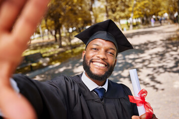 Black man, graduation selfie and diploma for college student, smile and excited for future at...