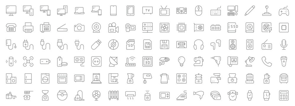 Electronics line icons. Vector illustration include icon - hardware, keyboard, disk, hvac, kitchen appliances, headphones, router, chip, computer outline pictogram for home devices. Editable Stroke
