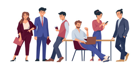 People at work. Business people. Men and women in business suits. A man with a laptop. Solving work issues. office life.