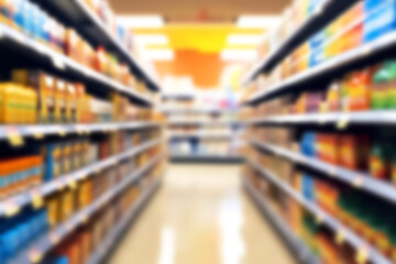 Supermarket blurred shelf background. Generative ai design.