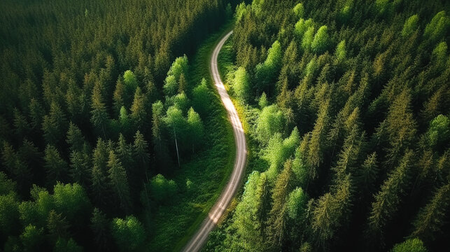Road bend among green forest in summer. generative AI.