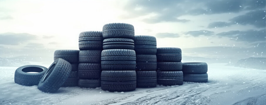 Winter tires on snow. Snowy road.