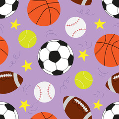 Vector seamless pattern with soccer balls, basketball, American football ball, tennis ball and baseball in cartoon style