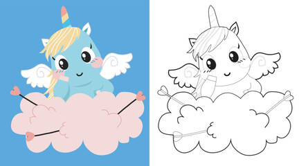 Cute and kawaii cartoon unicorn coloring page. Coloring cute cupid unicorn sitting on the cloud worksheet. Coloring activity for children. Printable educational coloring worksheet. Vector file.