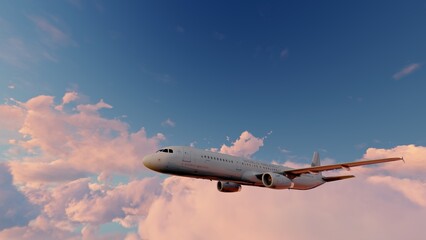 Airplane flying over the clouds 3d render