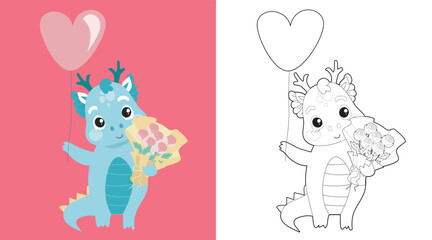 Coloring baby dragon brings a bucket of flowers and heart balloon. Cute dragon vector illustration. Coloring activity for children. Printable educational coloring worksheet. 