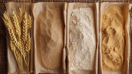 Top view, Different flour of wheat cereal in bakery bags.Texture of four wheat in mill:milled wheat sprouts, wheat bran,semolina flour, durum.