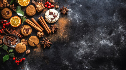 Fototapeta na wymiar Cookies and spices on a dark background, generative AI.