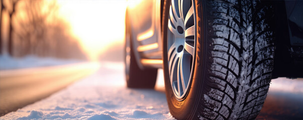 Winter tires on snow. Snowy road.