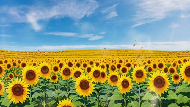 Panoramic view of nature sunflower field and blue sky in Japanese anime watercolor painting illustration style. seamless looping virtual video animated background.	