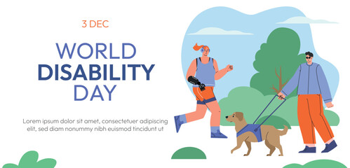 Fototapeta na wymiar Web banner concept for World Disability day. People with Disability, International Day of Persons with Disabilities.Diversity and Inclusion. Flat vector illustration. Vector illustration