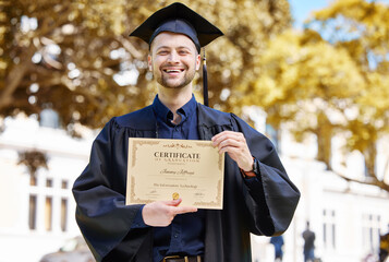 Portrait, graduate and holding certificate with man in with campus for achievement. Diploma, guy and happy face with college graduation for success with motivation degree in information technology.