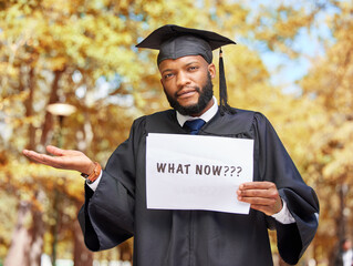 Paper sign, graduation and portrait of a man in a garden by his college campus with a confused...