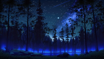 Forest landscape at night in anime style - Generative AI
