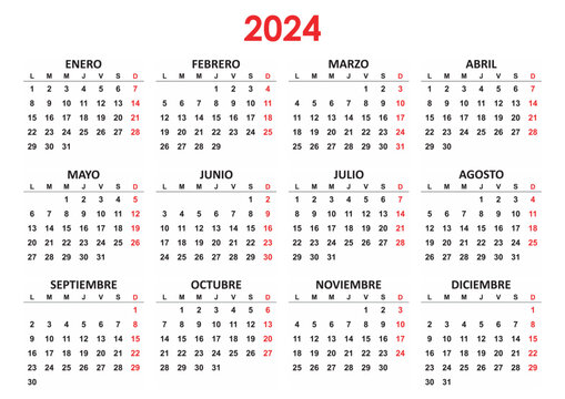 Spanish Yearly calendar. 2024 mockup. Annual horizontal template. First day lunes monday. Classic simple minimal design. Black numbers on white background. EPS10.