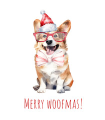 Watercolor Christmas corgi dog. Xmas cute corgi in Christmas hat . AI generated.