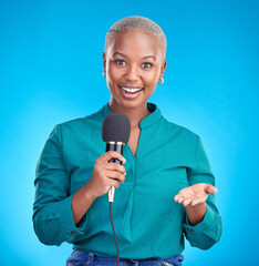 Woman, microphone and studio portrait for interview, news program or questions for talk show by...