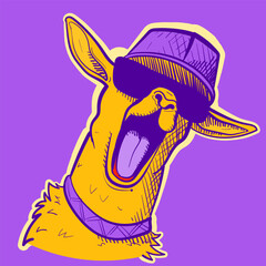 Illustration of a yellow and purple llama wearing sunglasses and a hiphop hat. Vector of a funky alpaca screaming and showing his tongue © Dana